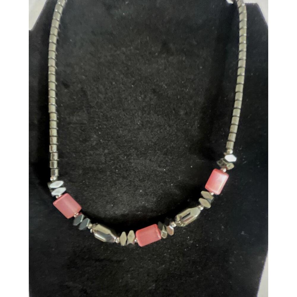Hematite & Pink Beaded Necklace Minimalist Silver Tone